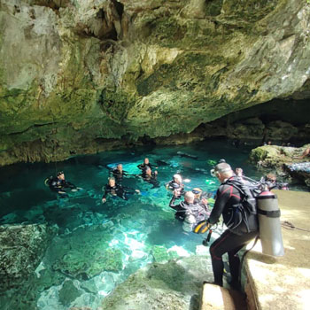 divers starting their dive in a cenote